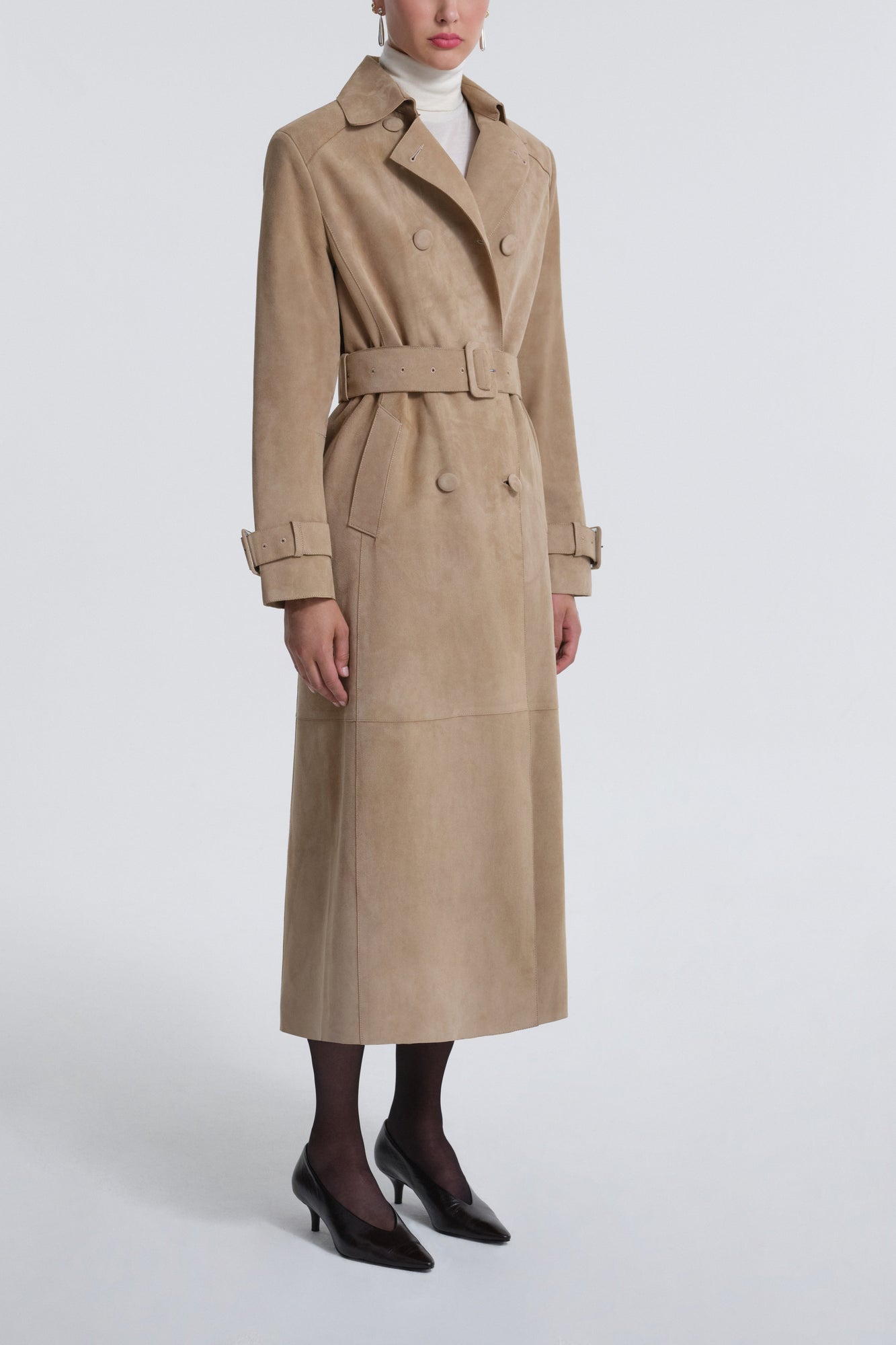 Model is Wearing Nour Hammour Tate Tailored Suede Trench Sable - Three Quarters 