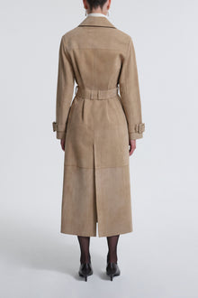 Model is Wearing Nour Hammour Tate Tailored Suede Trench Sable - Back