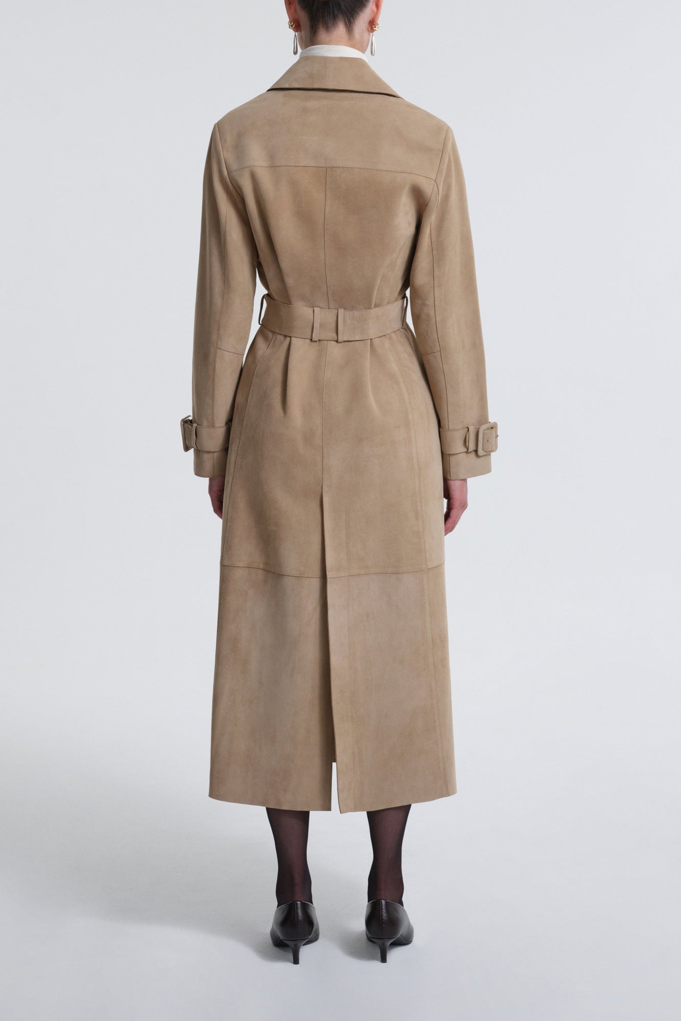 Model is Wearing Nour Hammour Tate Tailored Suede Trench Sable - Back