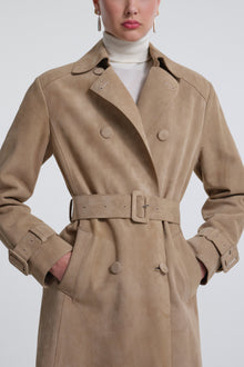 Model is Wearing Nour Hammour Tate Tailored Suede Trench Sable - Close Up