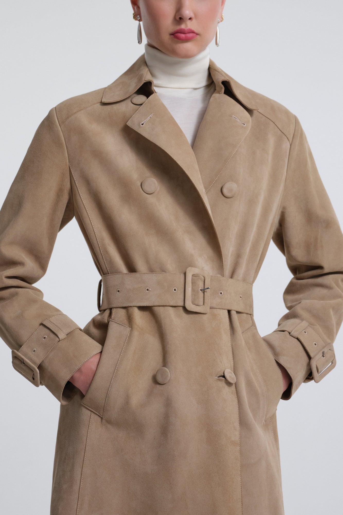 Model is Wearing Nour Hammour Tate Tailored Suede Trench Sable - Close Up