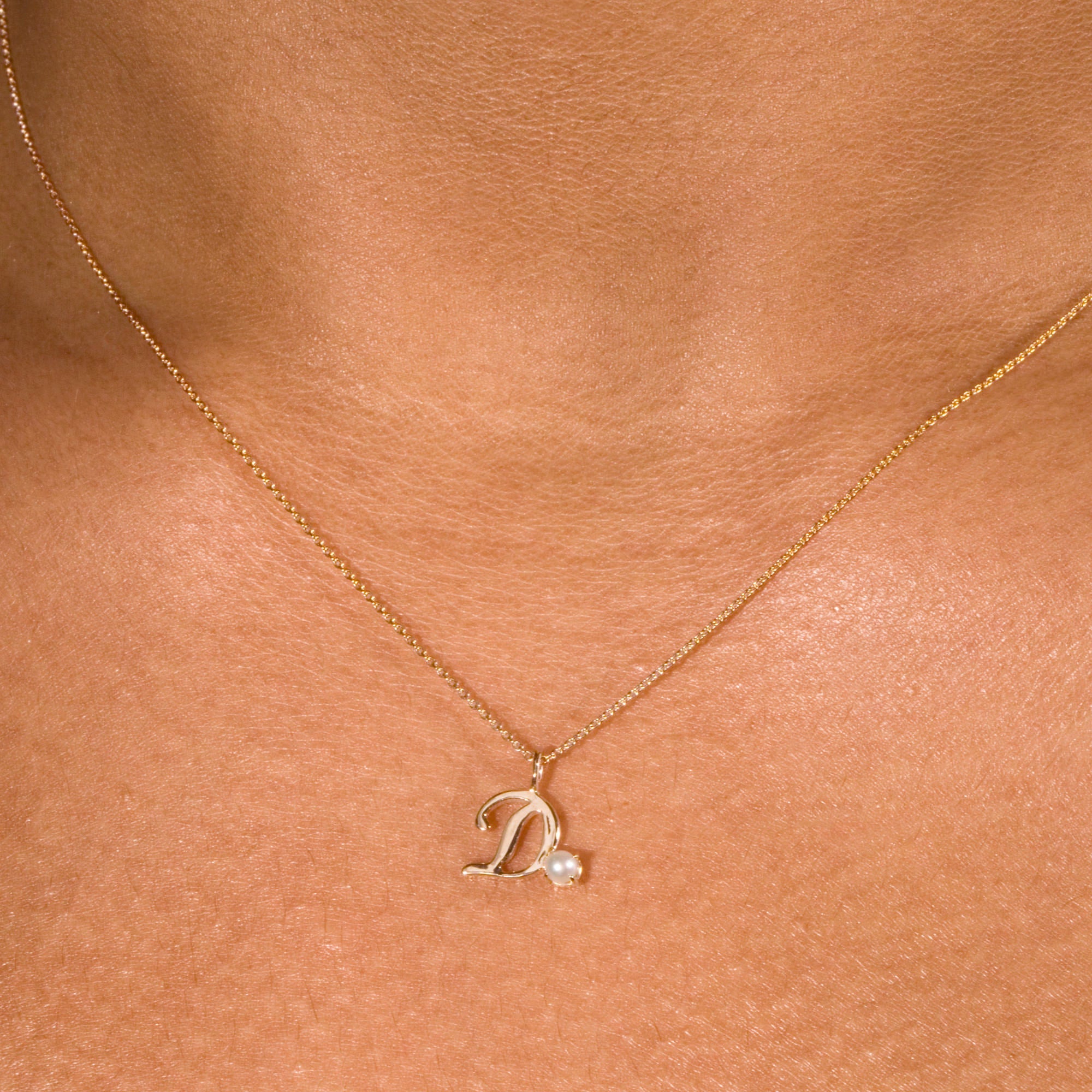 Teeny Pearl Cursive Initial Necklace | 10K Solid Yellow Gold