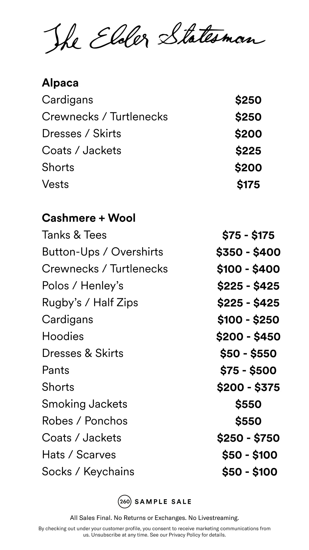 Price table