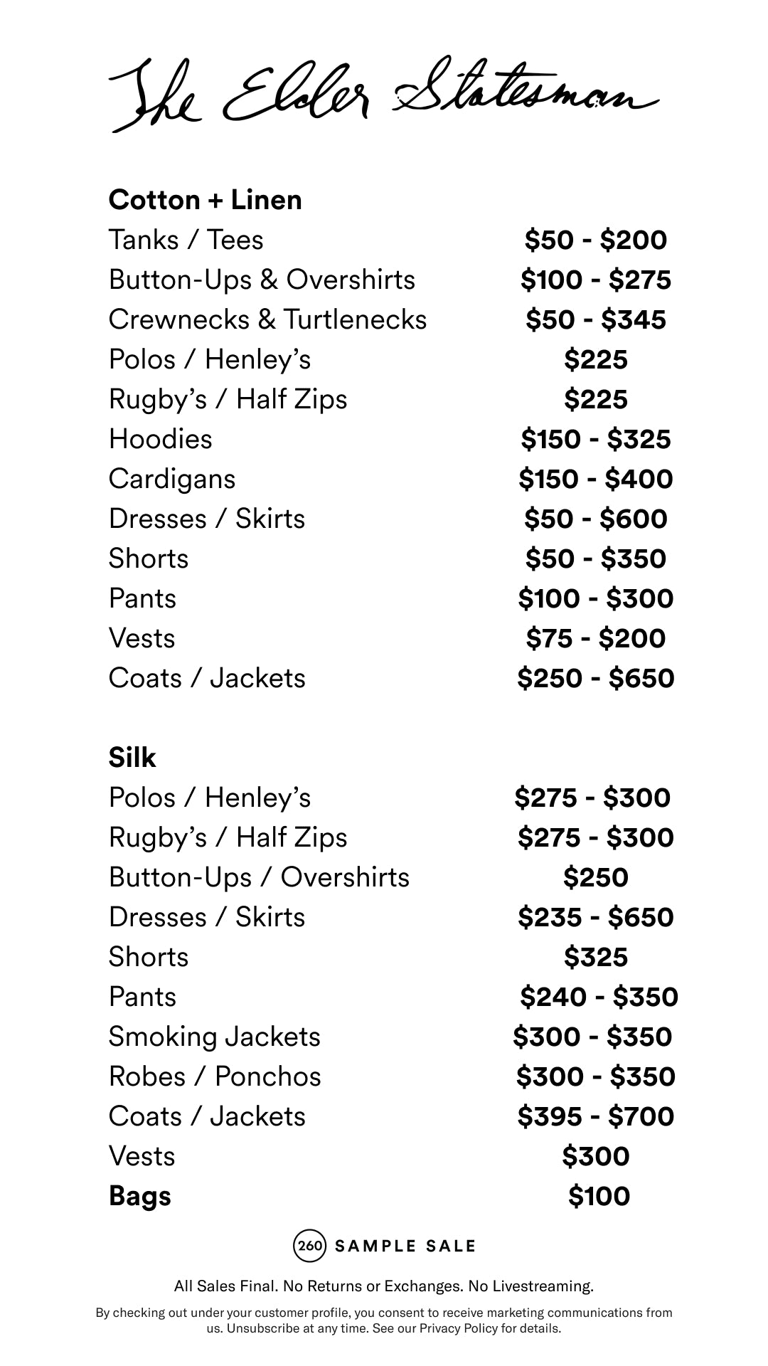 Price table