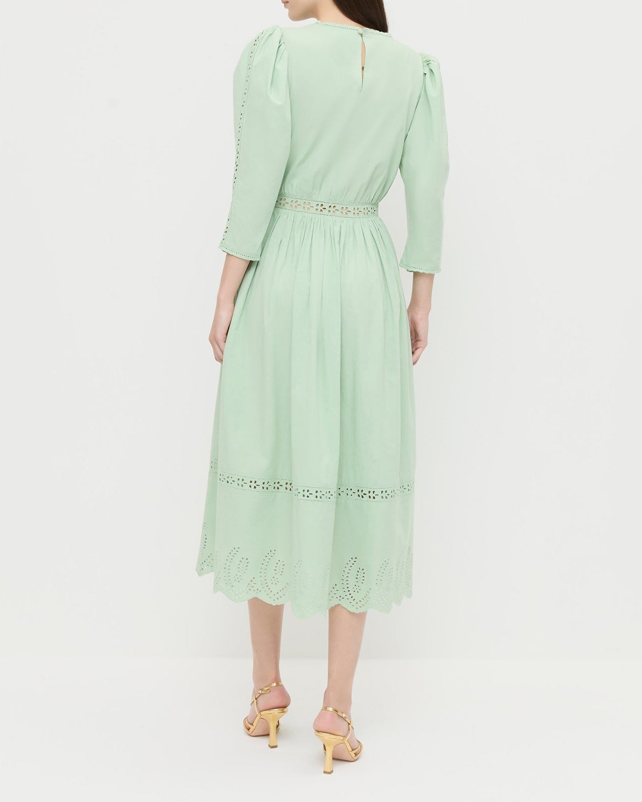 Thelma Eyelet Dress in mint green cotton and Alexandra Gold Slingback Heel.