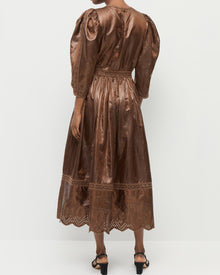 Thelma Eyelet Dress in brown linen and Priscilla Black Moire Heeled Sandal.