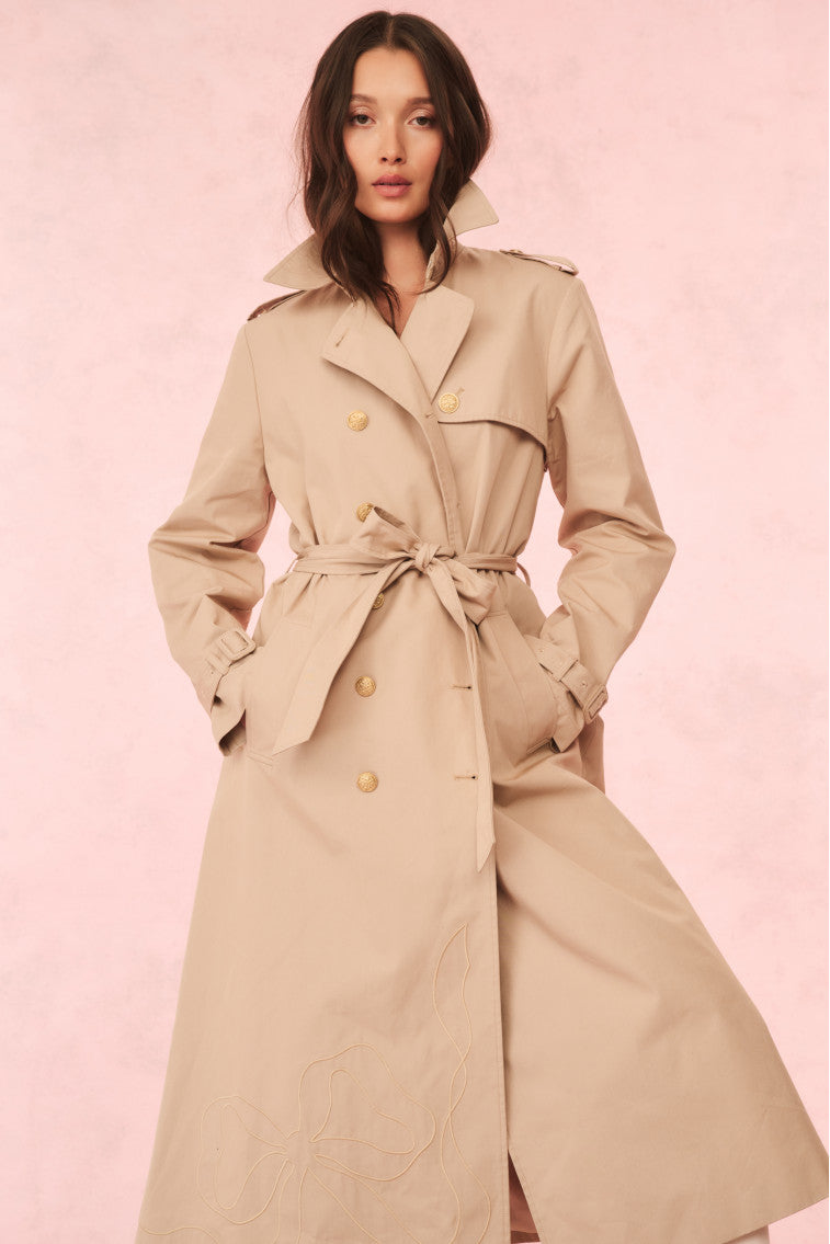 Thiel Bow-Embroidered Trench Coat | Toffee Nude