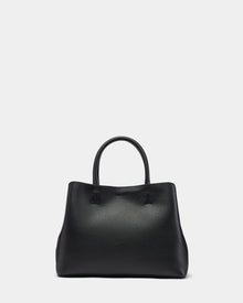 The Rudsak CATIRA S - 8325006 Black is a women’s leather tote with two rounded handles, pebbled texture, structured design, and a removable shoulder strap, displayed against a plain white background.