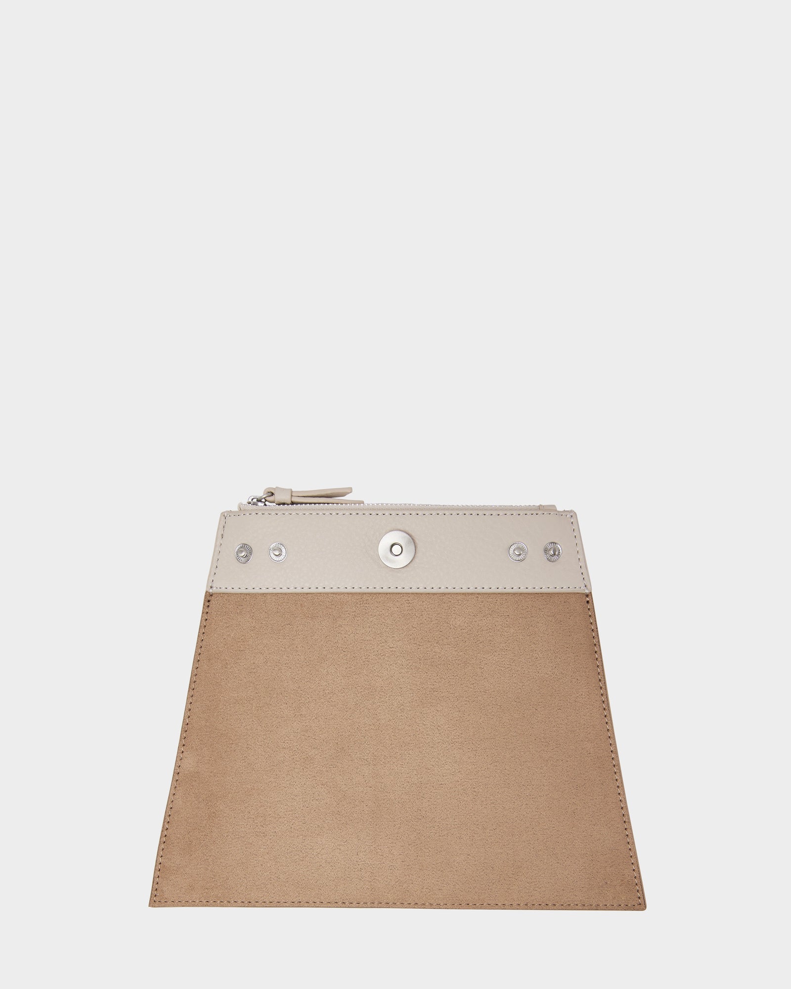 The Rudsak CATIRA S - 8325006 Vanilla is a trapezoid-shaped pouch with a tan body, light gray top, zipper and snap button closure, and removable shoulder strap, shown against a plain white background.