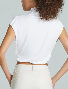 Butter Draped Mockneck Short Sleeve Crop Top::White::Back