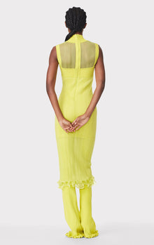 Sheer Layered Midi Dress With Ruffle | Chartreuse