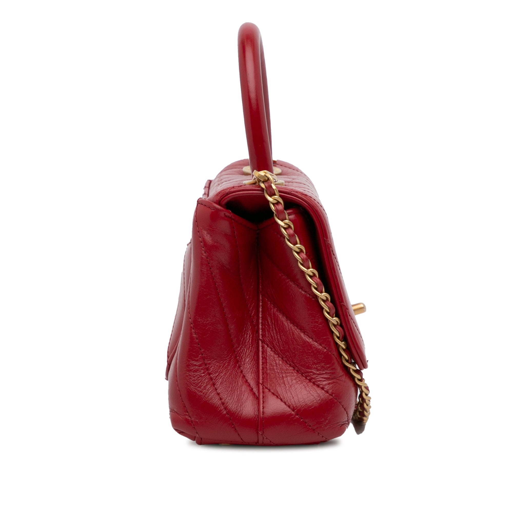 Chanel | Pre-Owned Small Lambskin Chevron Coco Top Handle Bag | Red