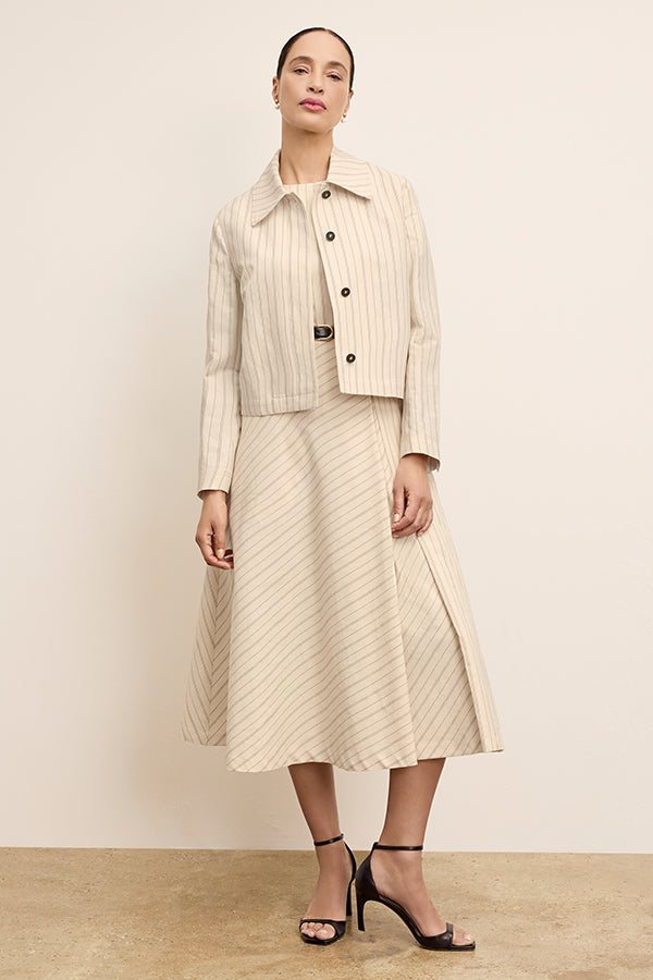 front image of a woman wearing the nicky jacket in linen stripe | Exclude