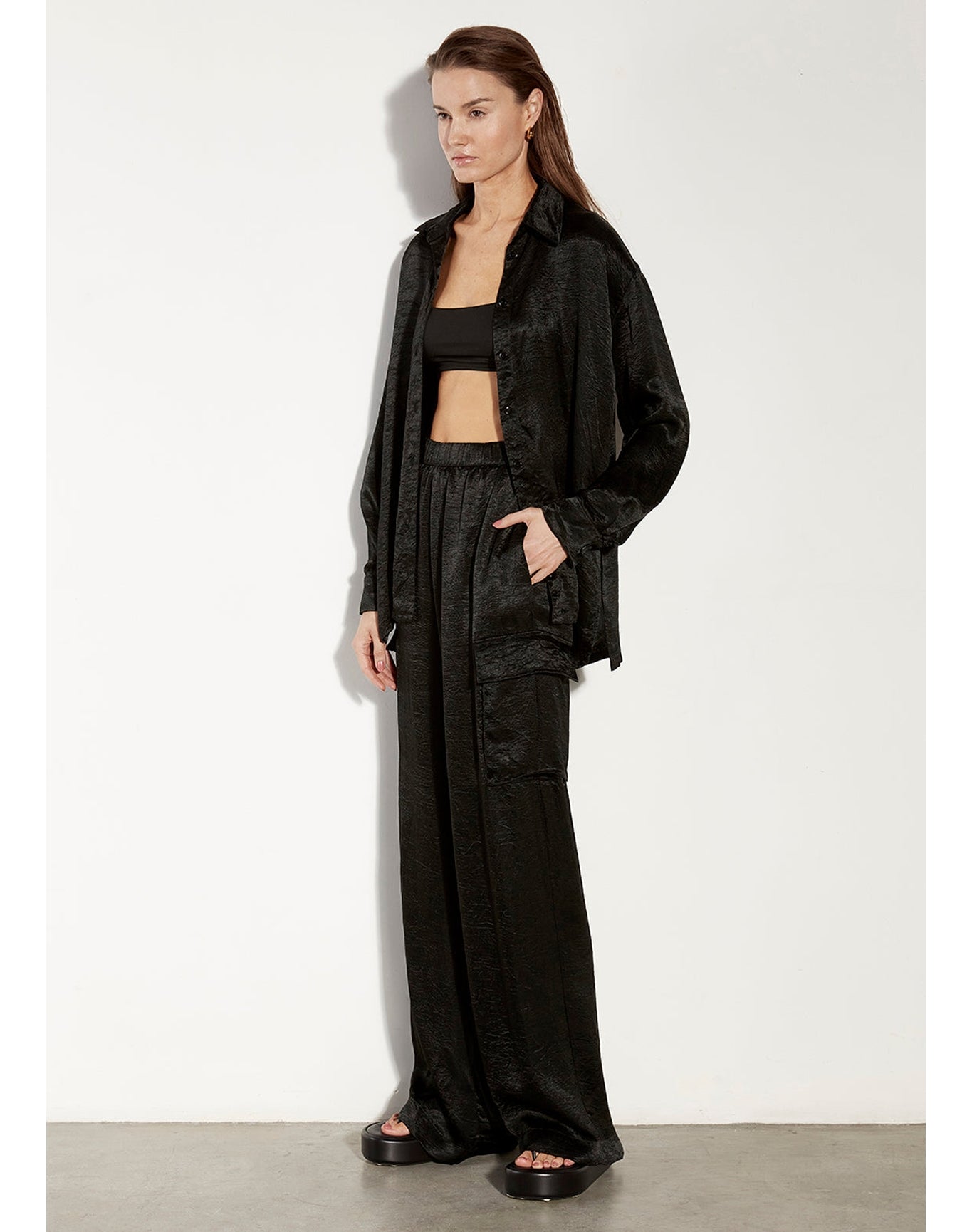 Textured Satin Cargo Pant | Black