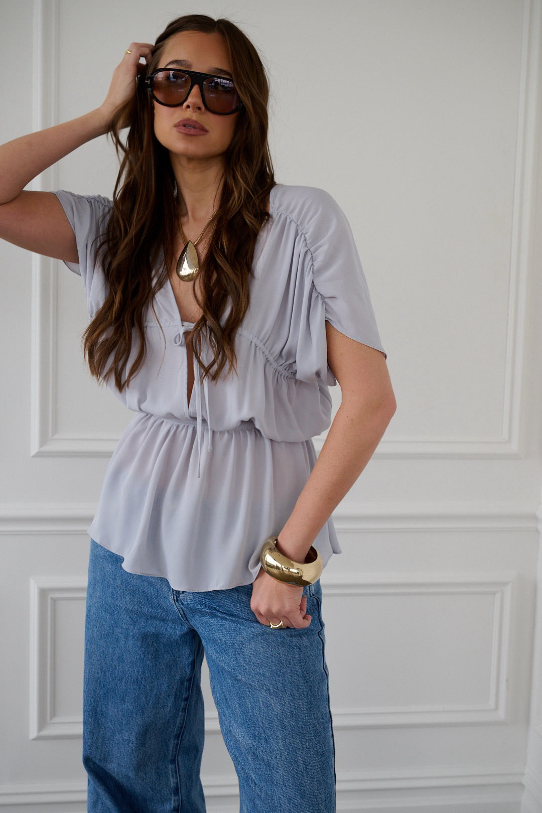 Gathered Cap Short Sleeve Top | Dove