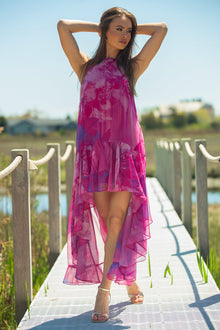 ONE33 SOCIAL | The Lila Printed High Low Halter Gown | Pink / White / Purple