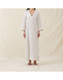 The Long Caftan In Ticking Stripe | Washed Blue