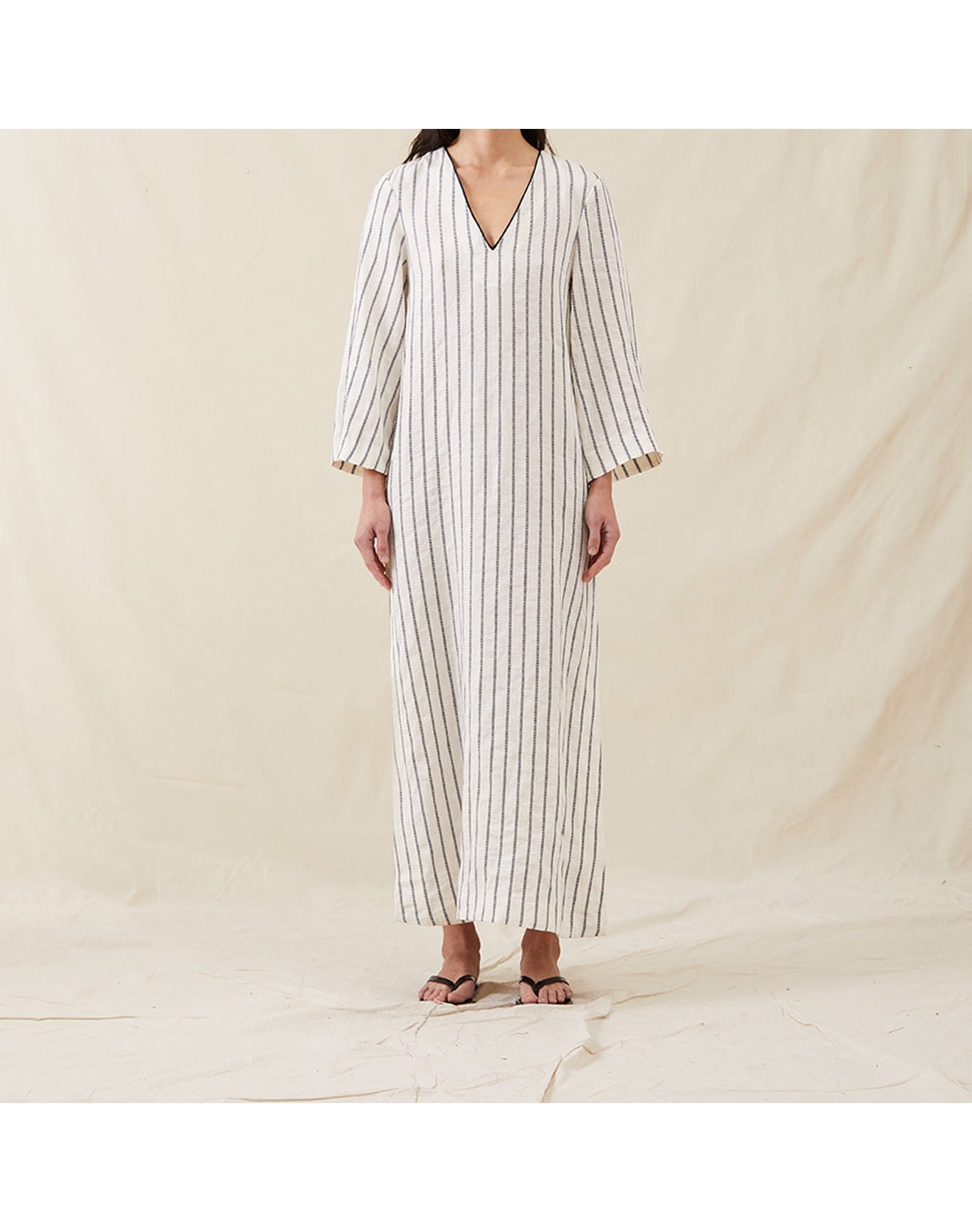 The Long Caftan In Ticking Stripe | Washed Blue