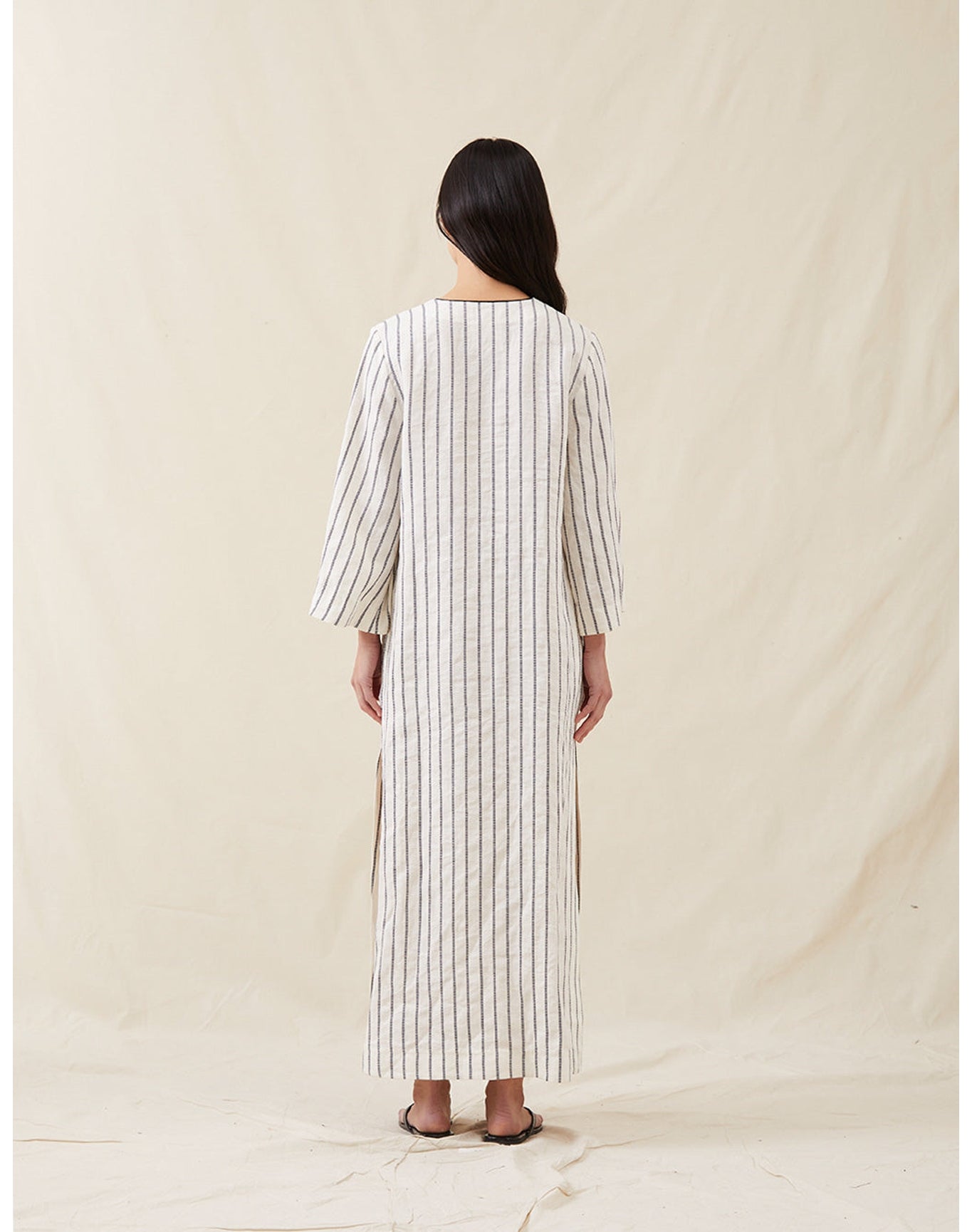 The Long Caftan In Ticking Stripe | Washed Blue