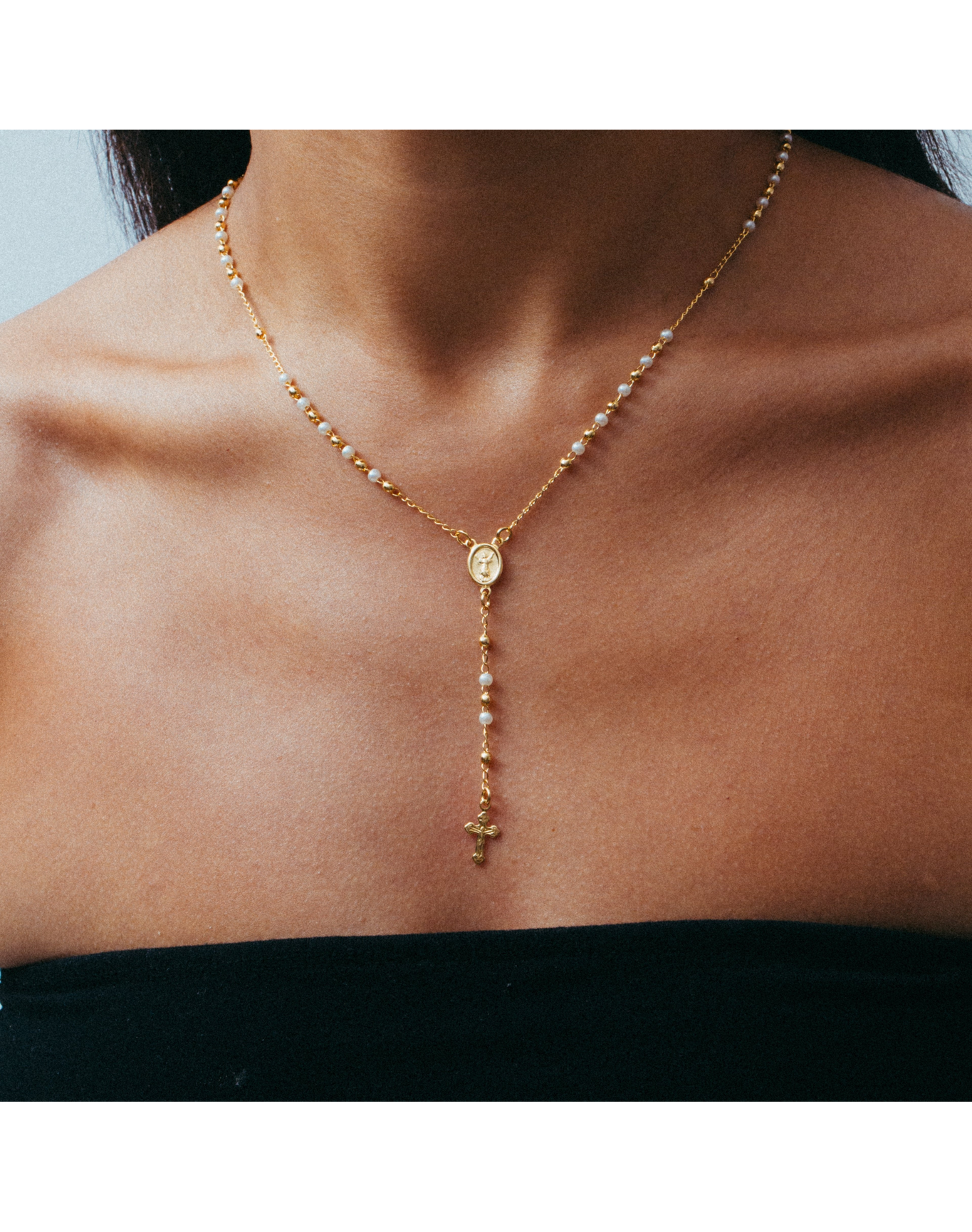 The Pearl Mary Rosary Cross Necklace | Gold Vermeil and Sterling Silver