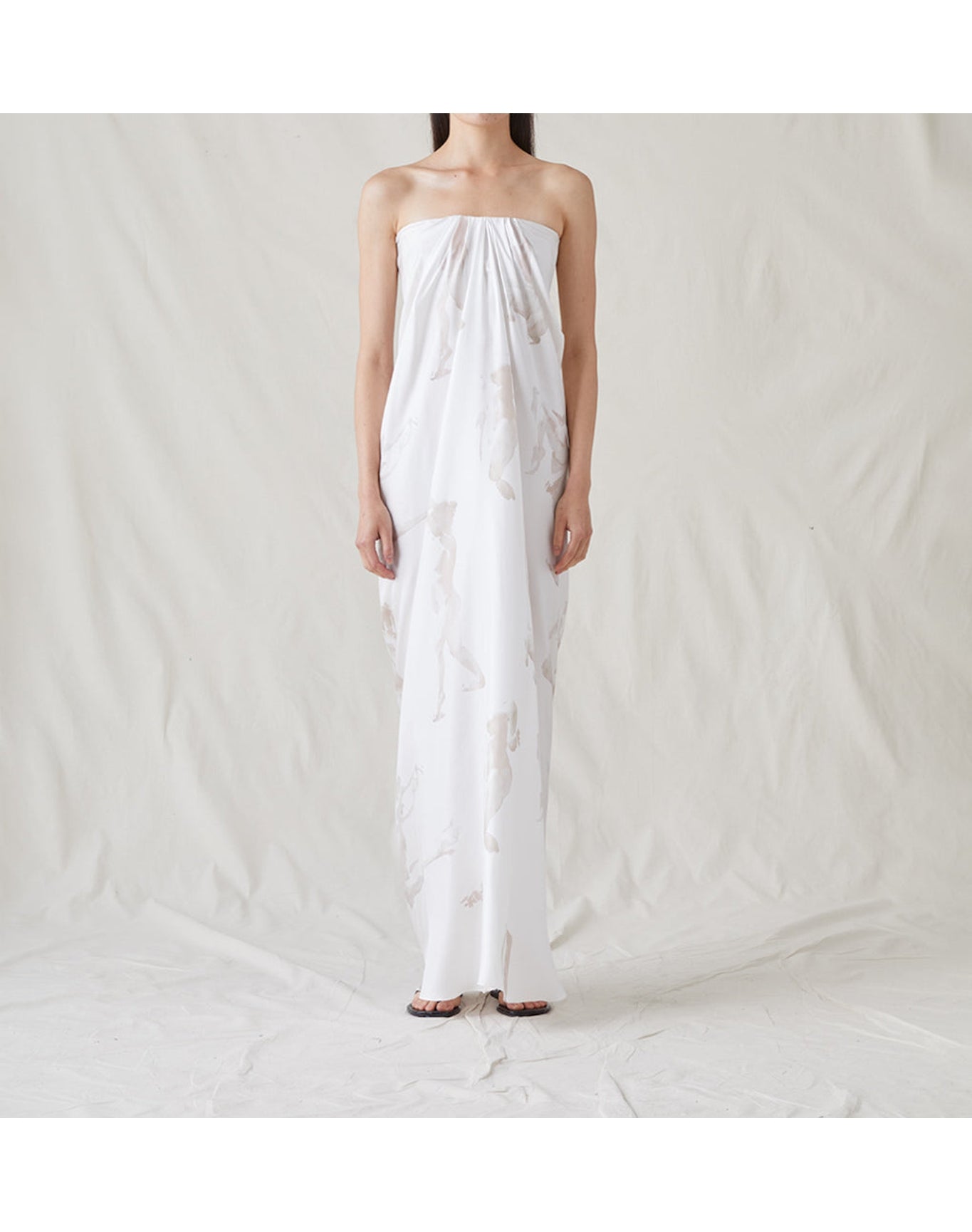 The Strapless Dress With Painted Figures | Cream/Sepia