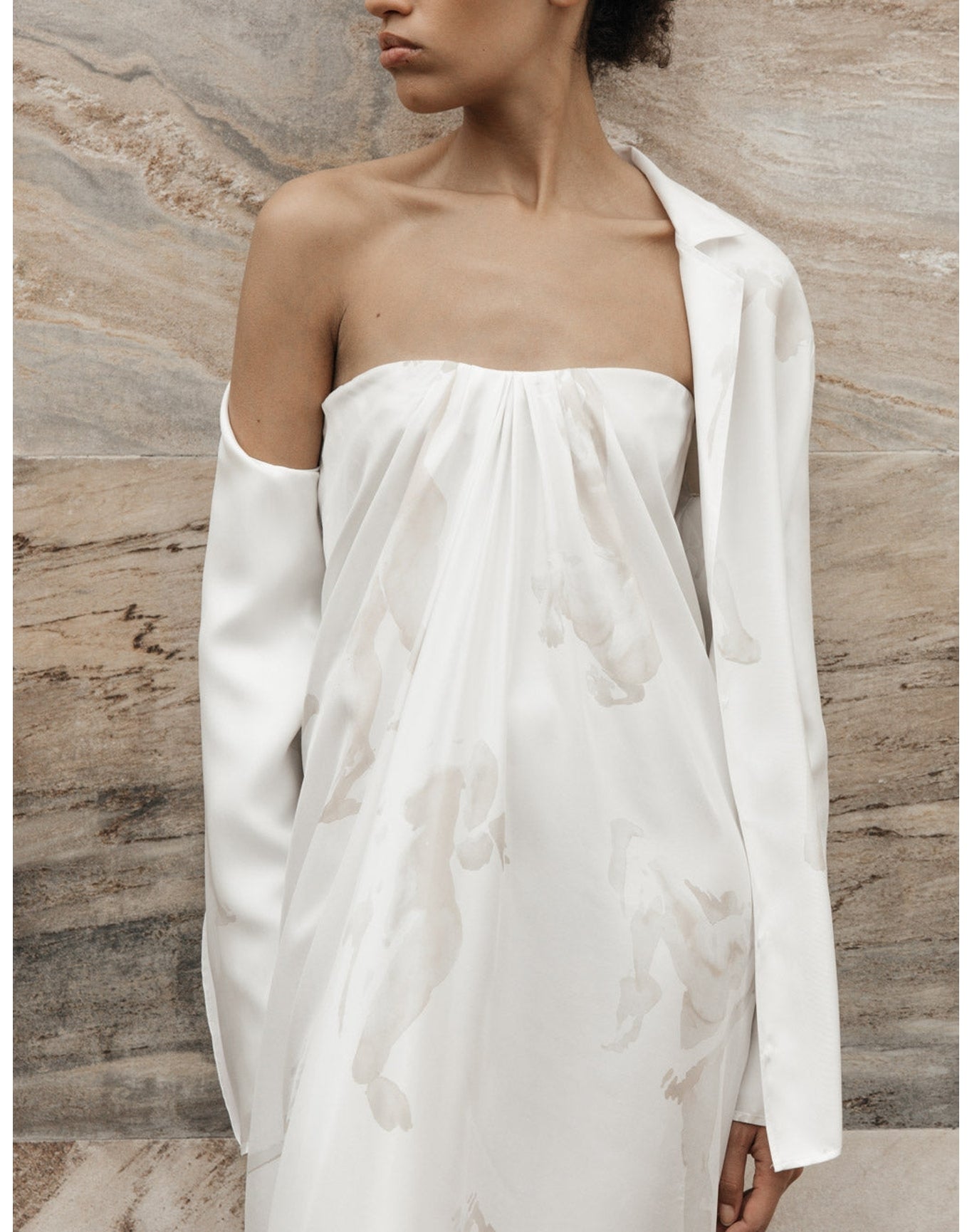 The Strapless Dress With Painted Figures | Cream/Sepia