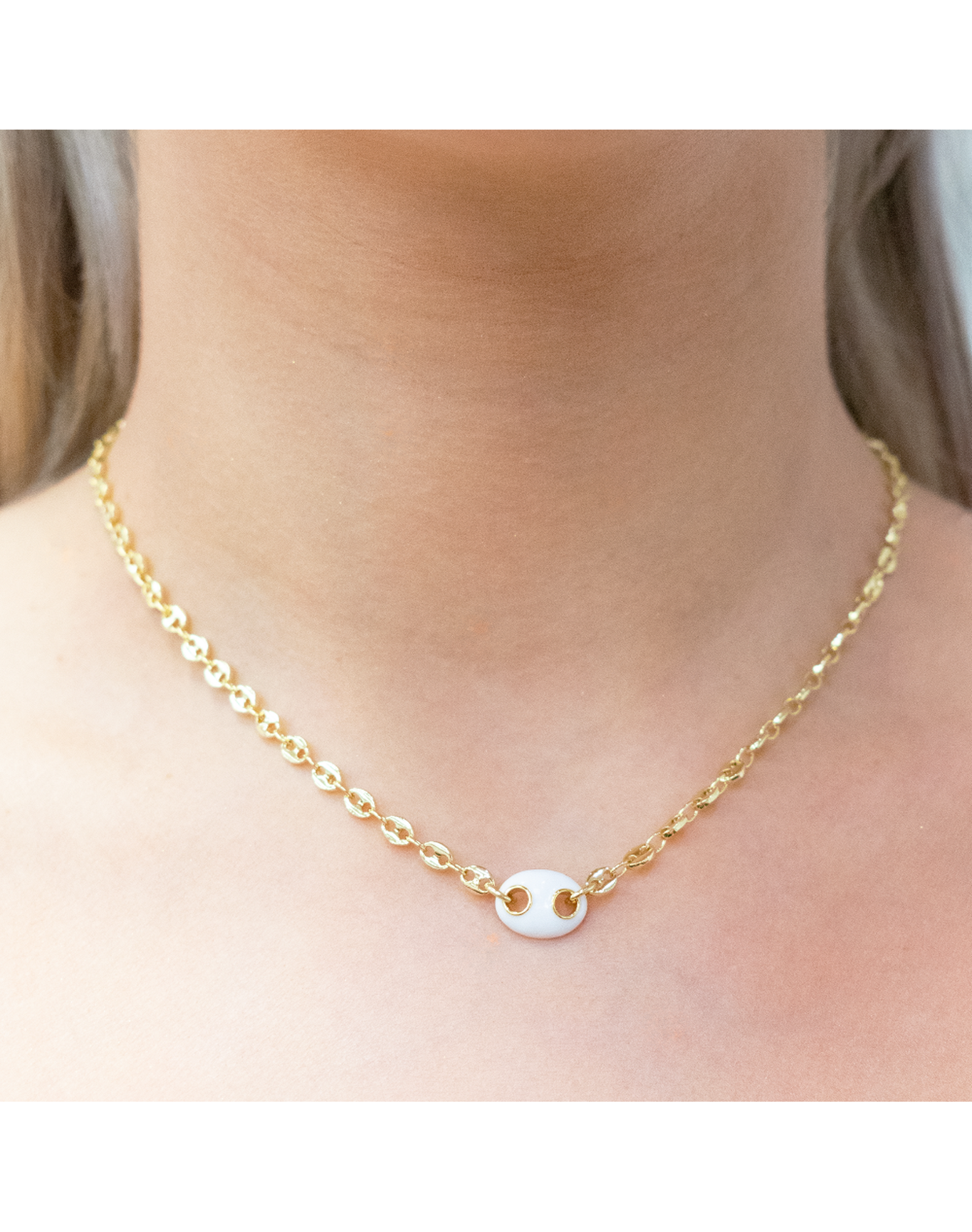 The White Enamel Mariner Chain Necklace in Gold Brass | Gold Plated Brass