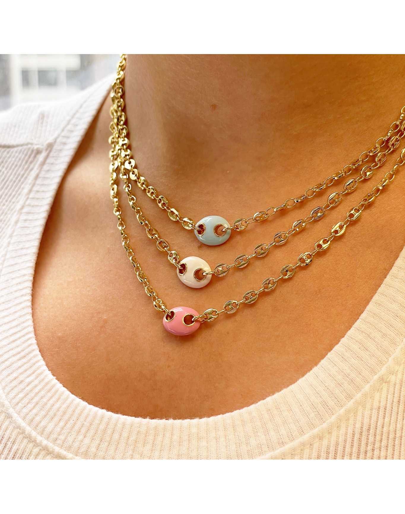 The White Enamel Mariner Chain Necklace in Gold Brass | Gold Plated Brass