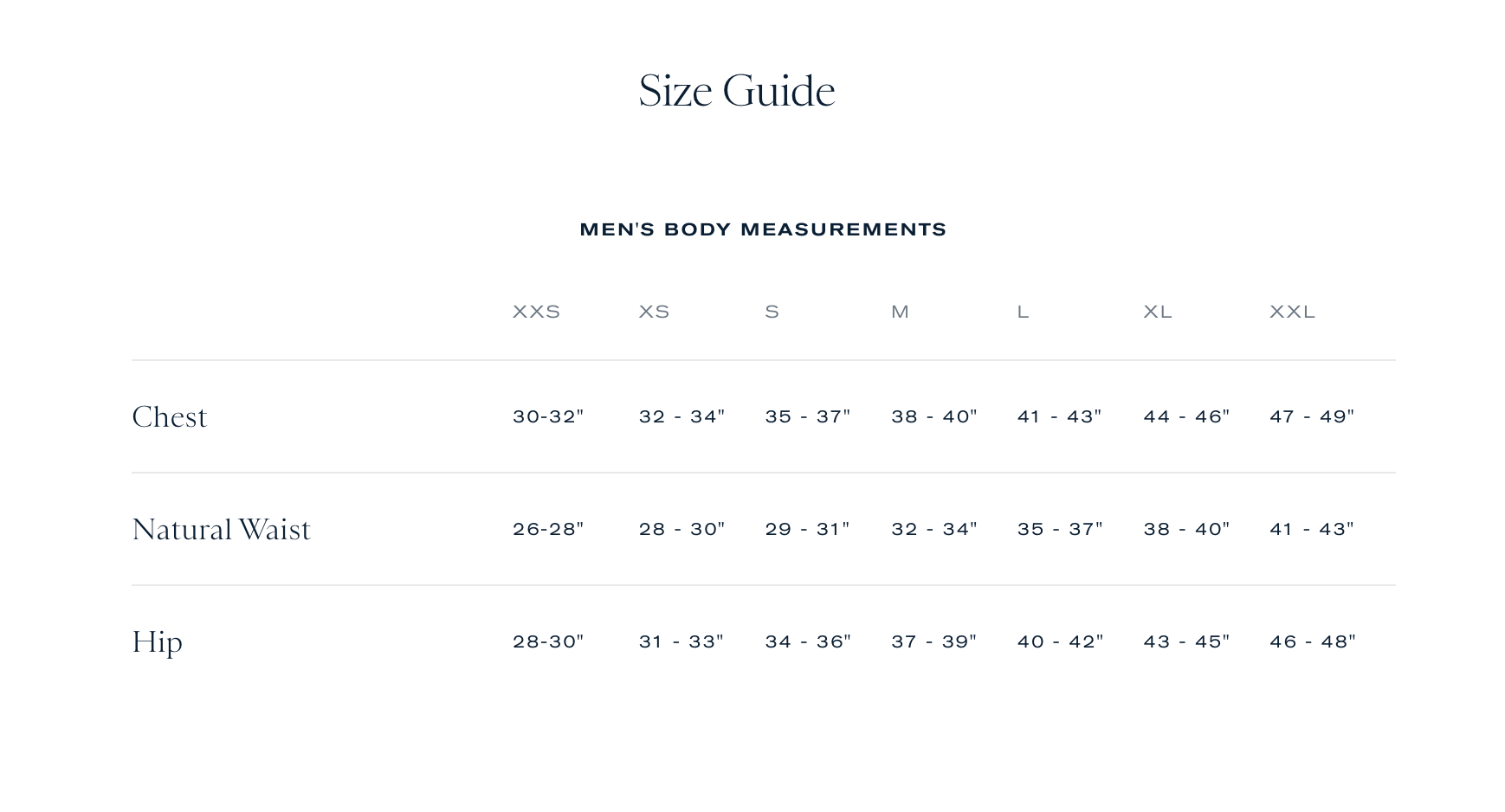 Product size guide