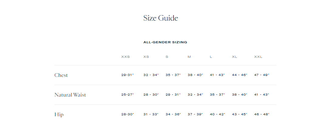 Product size guide