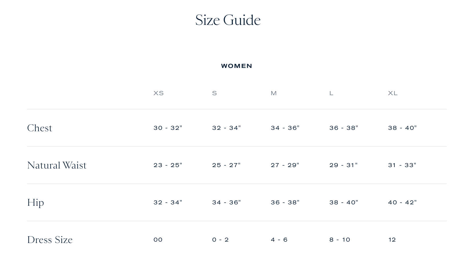Product size guide