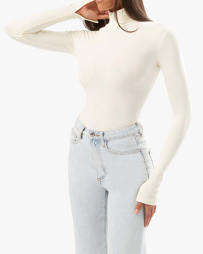 Turtle Neck Brushed Rib Bodysuit | Ivory