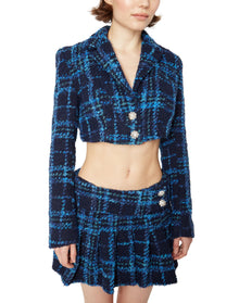 Tweed Pleated Mini Skirt | Blue Plaid