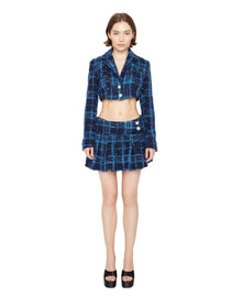 Tweed Pleated Mini Skirt | Blue Plaid