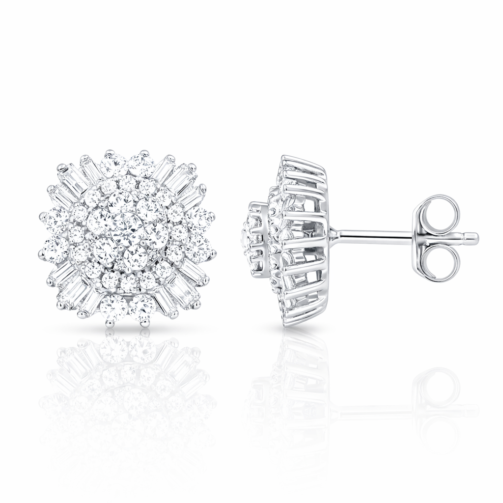 1.00 CT Round/Baguette Natural Diamond | Stud Earrings | 14K White Gold | I Color | I1 Clarity