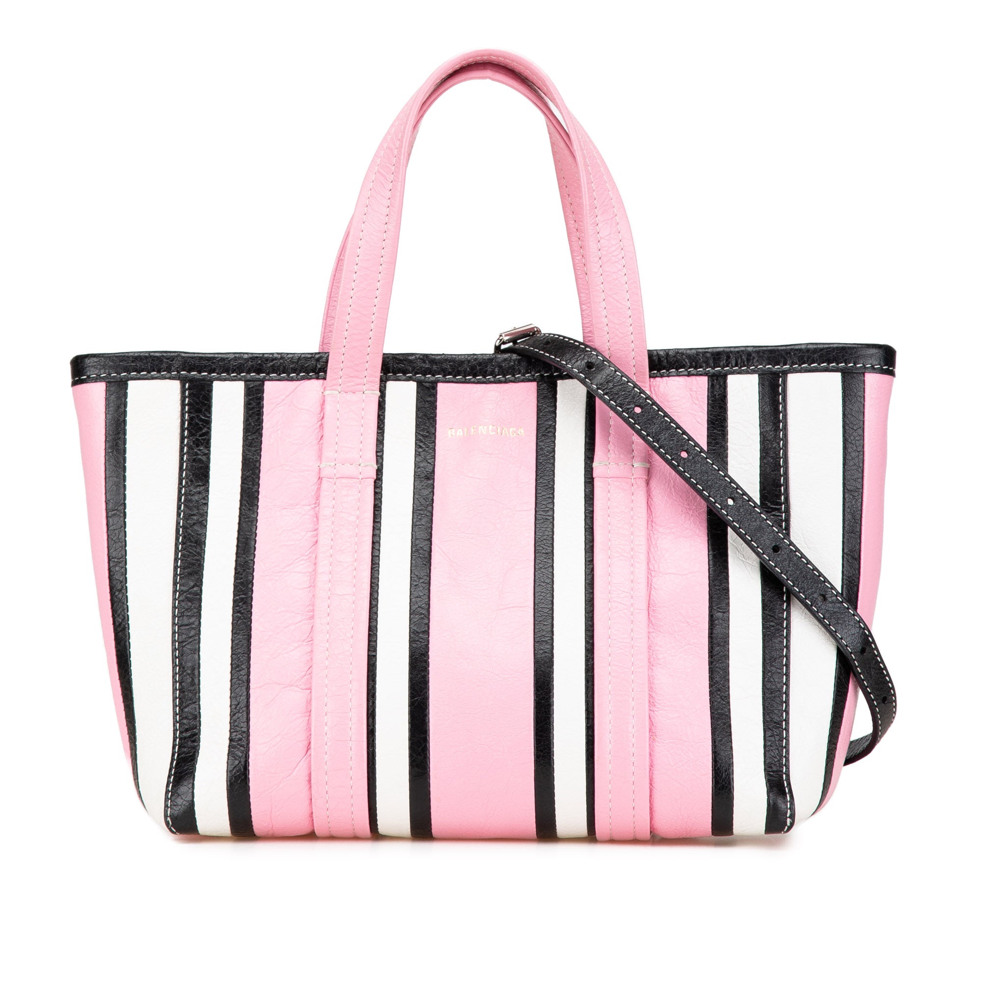 Balenciaga | Pre-Owned Small Lambskin Barbes East West Striped Shopper Tote | Pink
