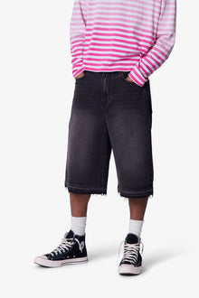 Ultra Baggy Raw Hem Denim Shorts | Washed Black
