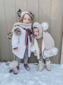 Unisex | Honeycomb Cashmere Fur Pom Scarf Animal Print Fur Poms | Beige