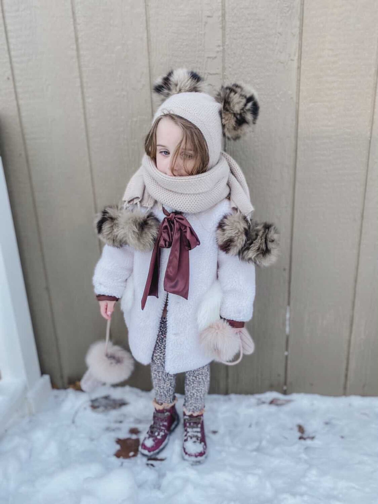 Unisex | Honeycomb Cashmere Fur Pom Scarf Animal Print Fur Poms | Beige