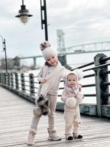 Unisex | Honeycomb Cashmere Fur Pom Scarf Animal Print Fur Poms | Beige