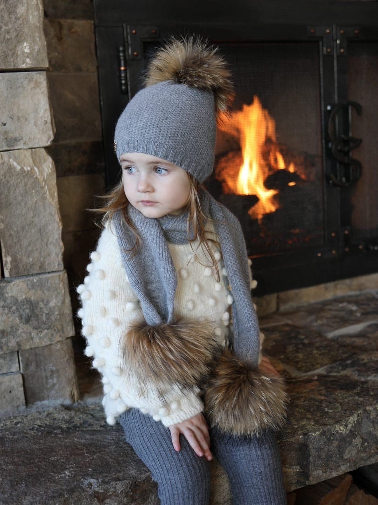 Unisex | Honeycomb Grey Cashmere Beanie Hats Natural Pom | Gray