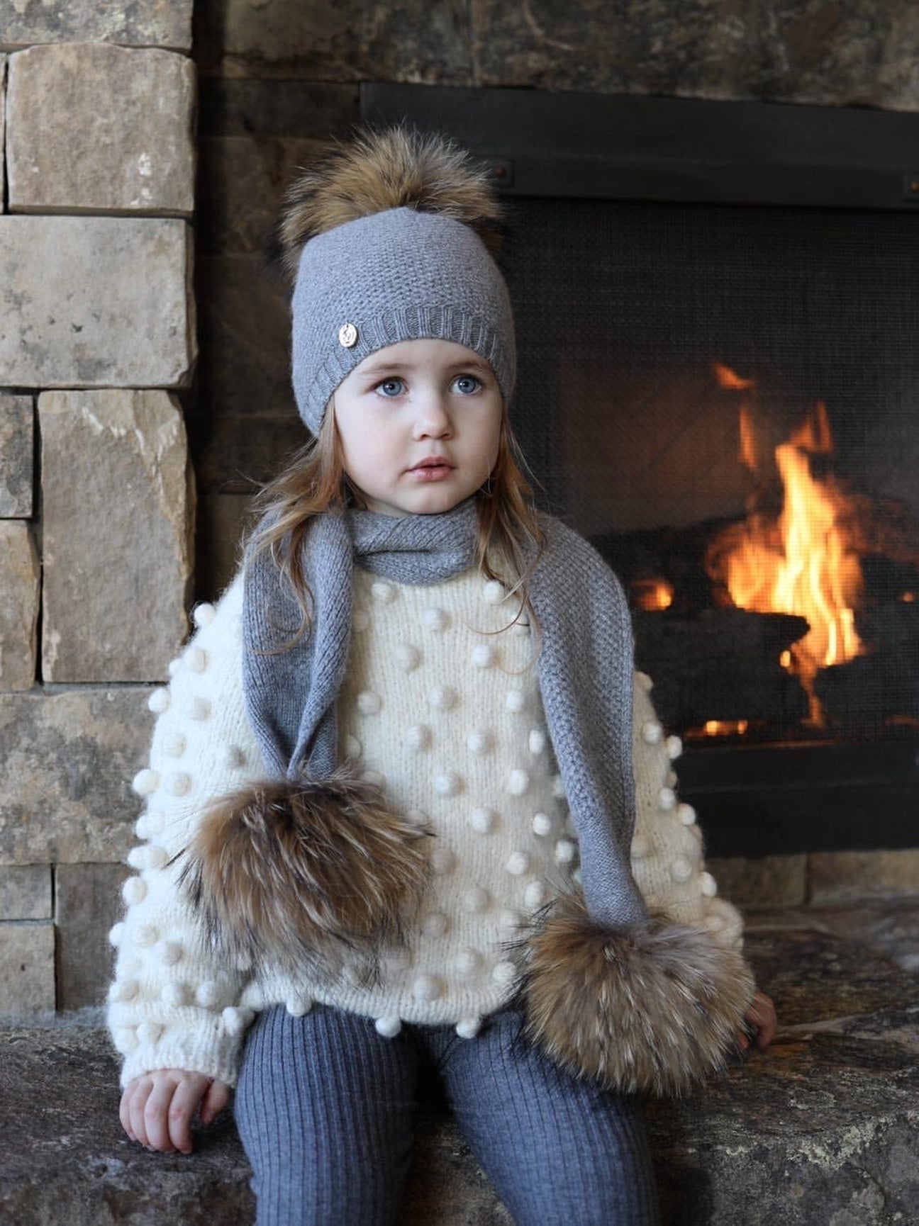 Unisex | Honeycomb Grey Cashmere Beanie Hats Natural Pom | Gray