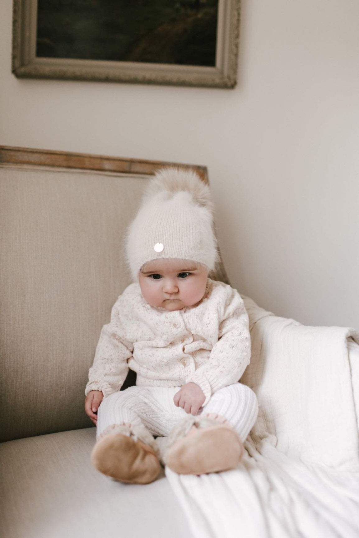 Unisex | Vanya Beige Cashmere Kids' Fox Fur Beanie Hat | Oatmeal