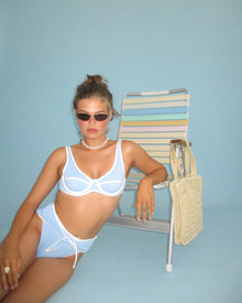 High Rise Tie Front Bottom | Baby Blue/Off White