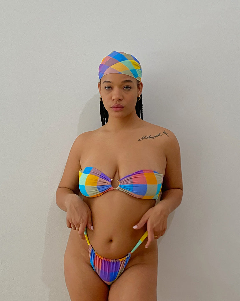 U-Ring Oversized Gingham Bandeau Bikini Top | Multi