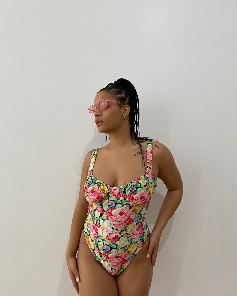 Ruched Cup Vintage Roses One Piece | Black