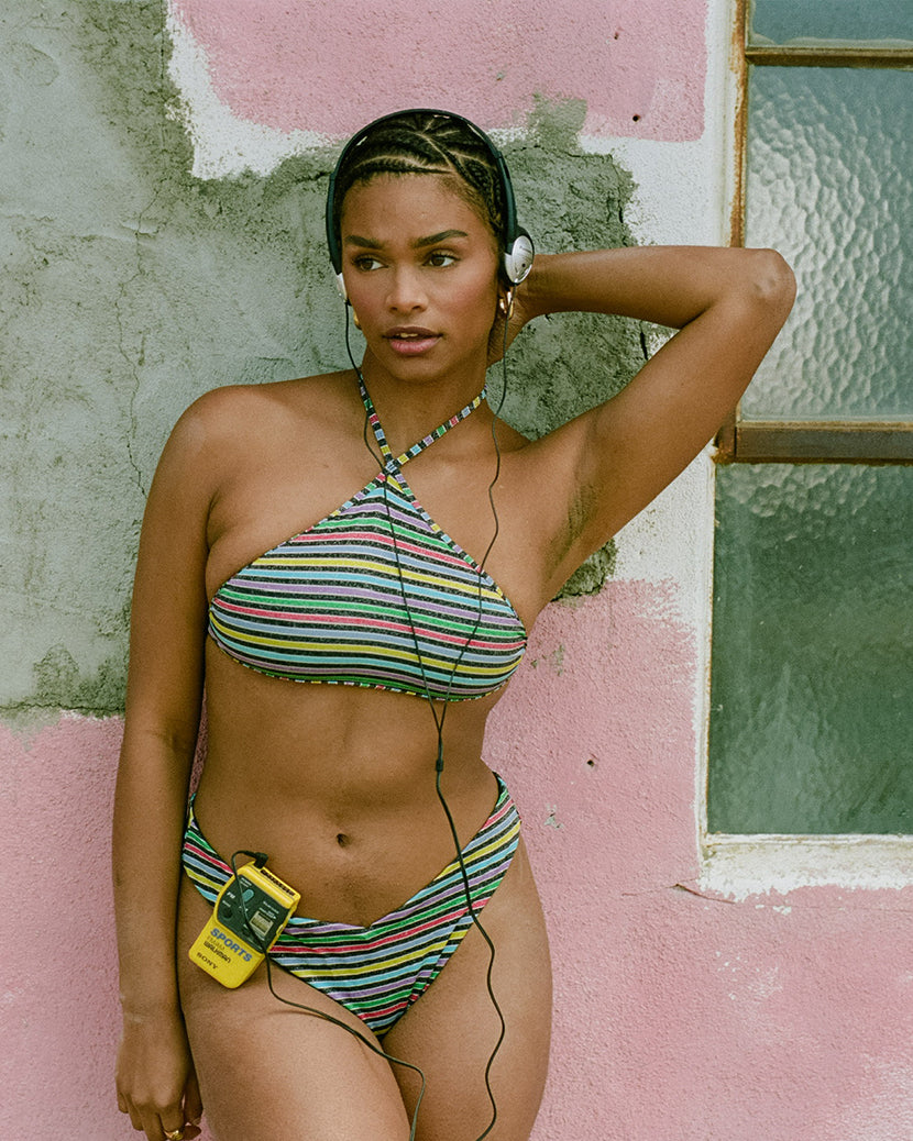 Delilah Lurex Stripe Bikini Bottom | Black