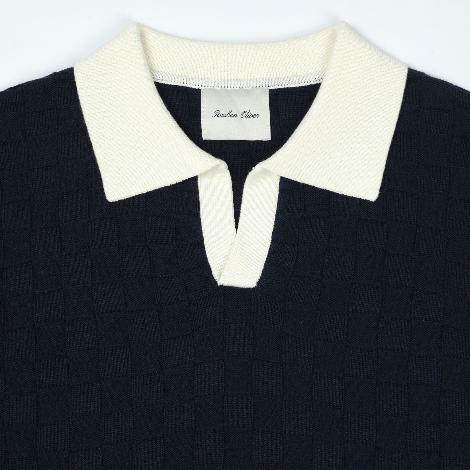 Long Sleeve Checkered Knitted Rugby Polo | Navy