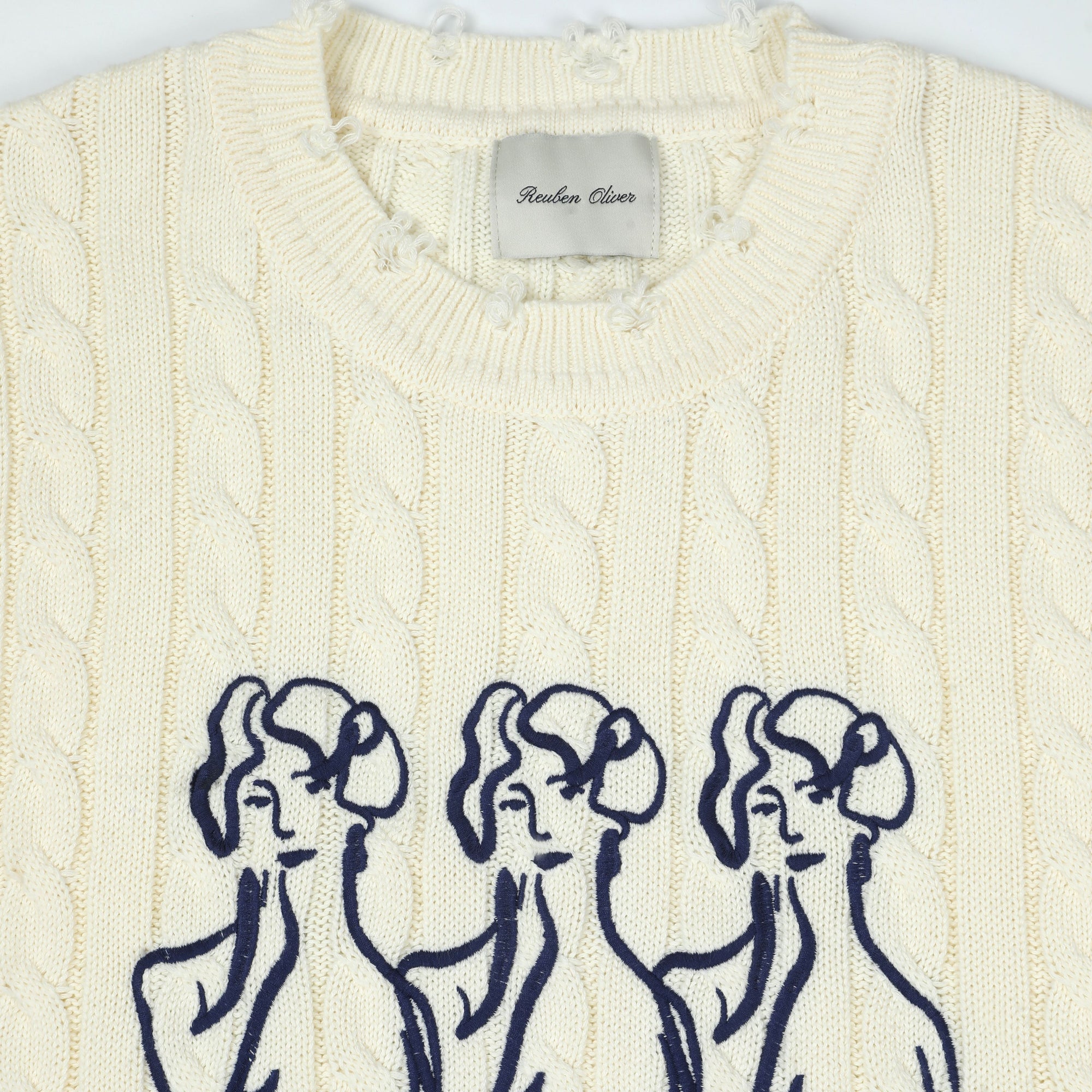 Three Amigas Distressed Cable-Knit Crewneck Sweater | Off-White