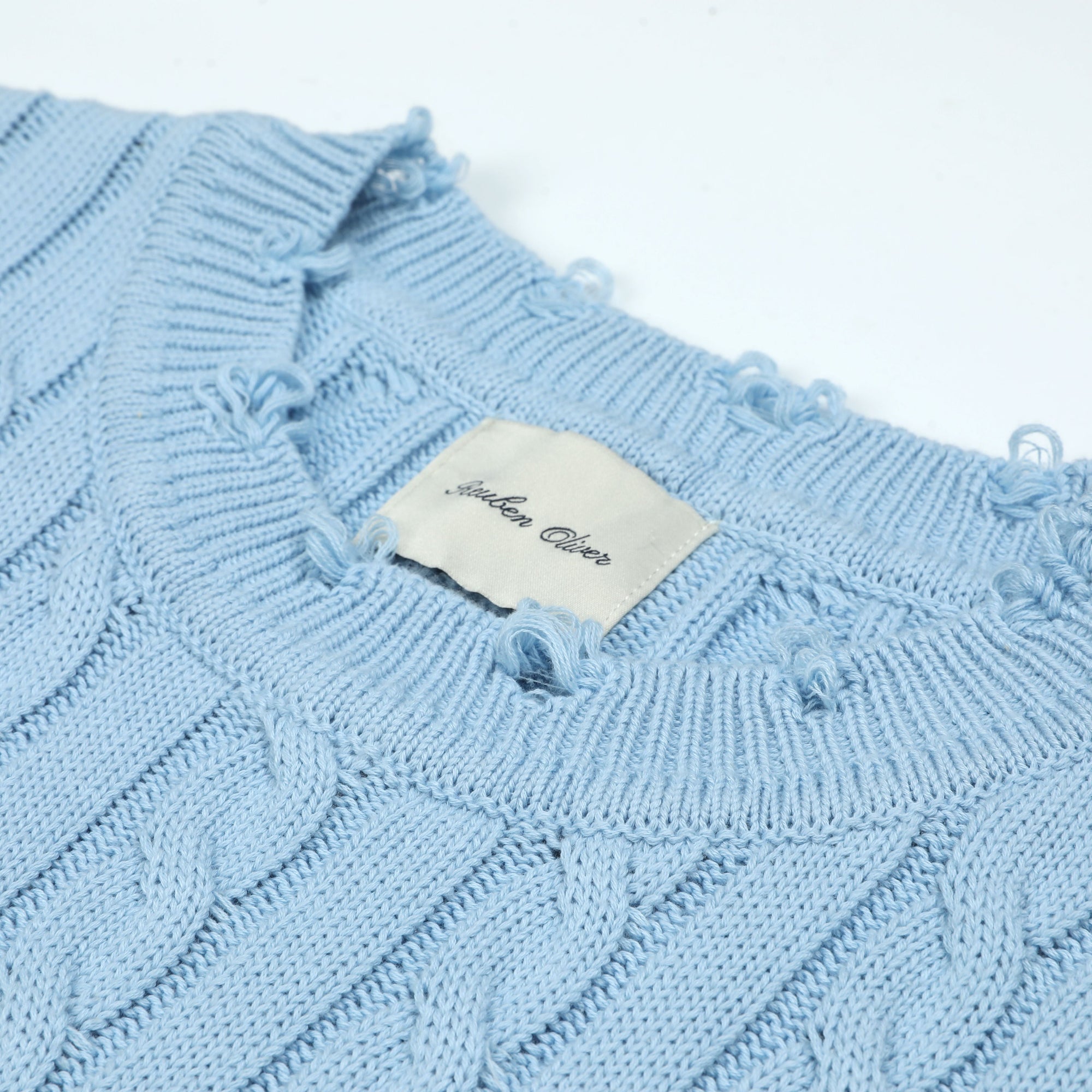 Country Club Dropout Distressed Cable Knit Sweater | Baby-Blue